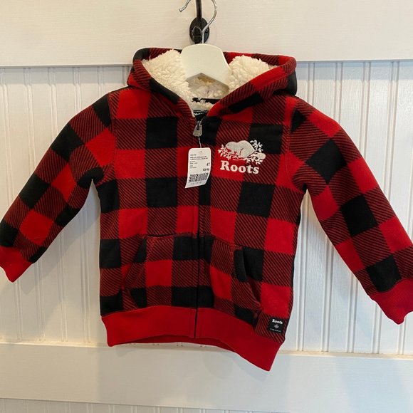 Toddler Roots Sherpa Lined Red Buffalo Plaid Full Zip Hoodie Size 4T New - Picture 1 of 4